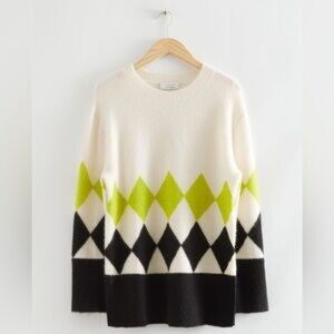 & Other Stories Argyle Sweater in Lime Green and White
